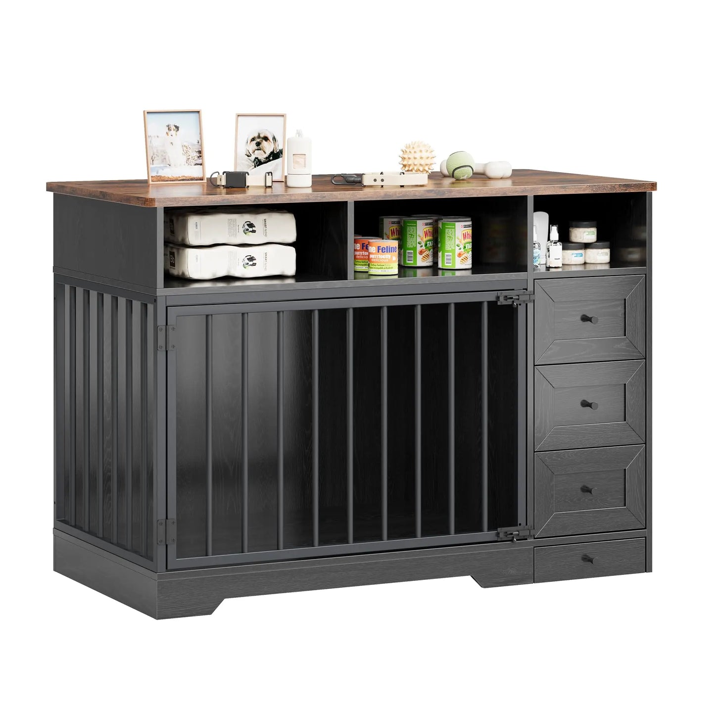 HiMISS Farmhouse Wooden Dog Crate End Table With Six Storage Drawers