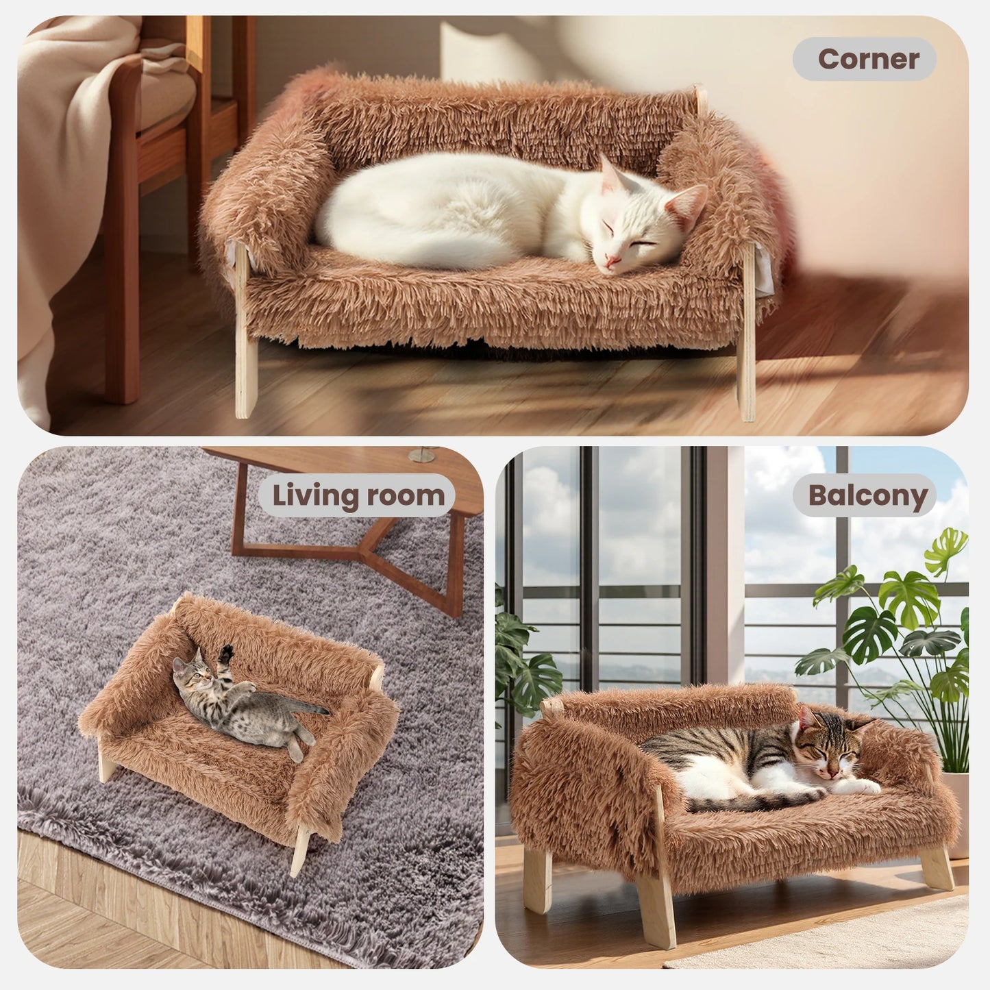 Raised Plush Cat Sofa Bed With Wooden Legs For Indoor Cats
