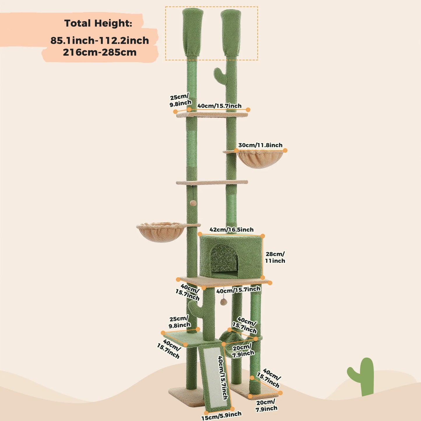 PEQULTI Cactus Cat Tree Floor To Ceiling Tower With Sisal Scratching Post