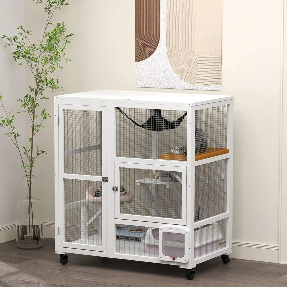 Indoor Wooden Cat Enclosure On Wheels With Three Platforms Hammock Cat Flap Door