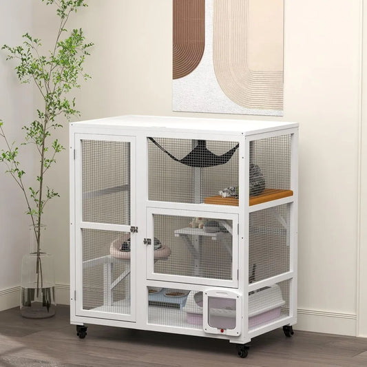 Indoor Wooden Cat Enclosure On Wheels With Three Platforms Hammock Cat Flap Door
