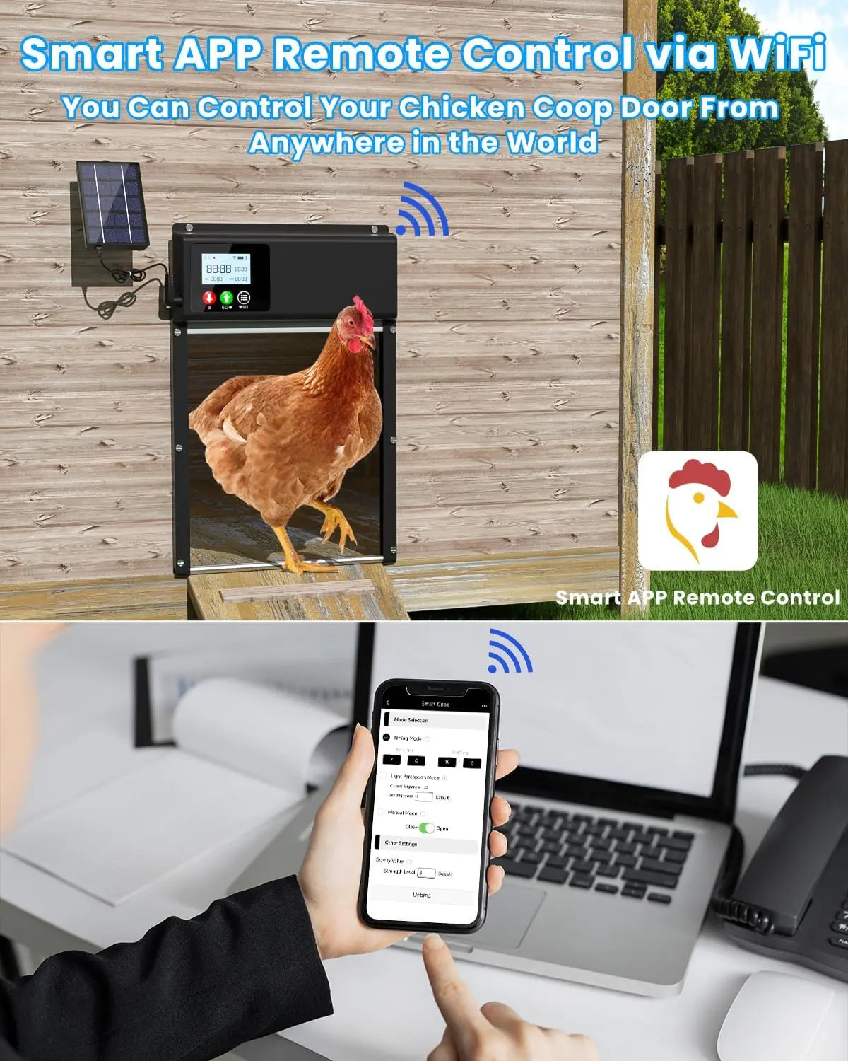 WiFi Automatic Chicken Coop Door Opener With 8000mAh Battery Timing Light Sensor