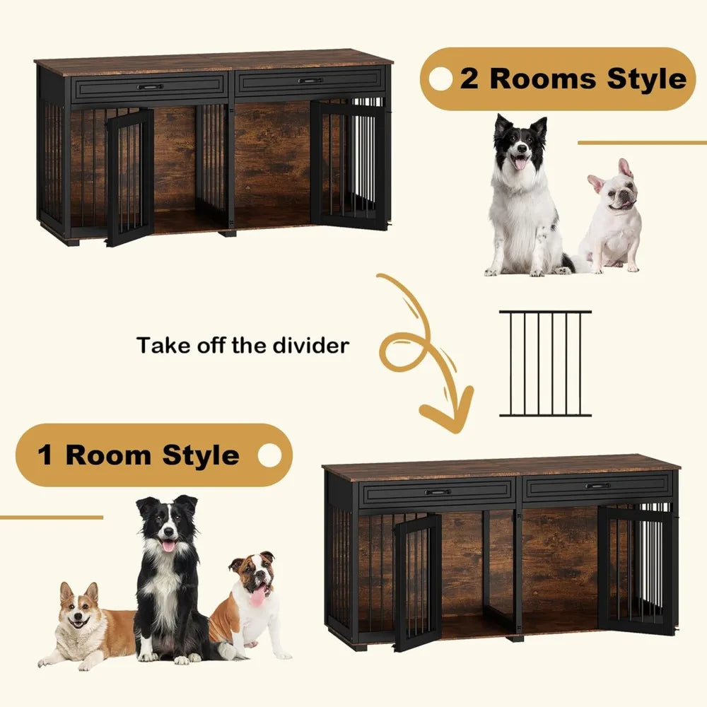Wooden Dog Crate With Drawers And Divider Indoor Kennel