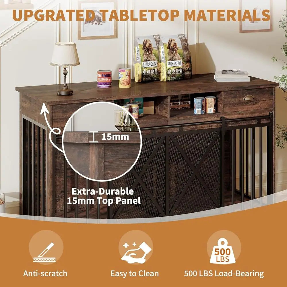 Double Dog Crate Furniture With Divider And Sliding Doors