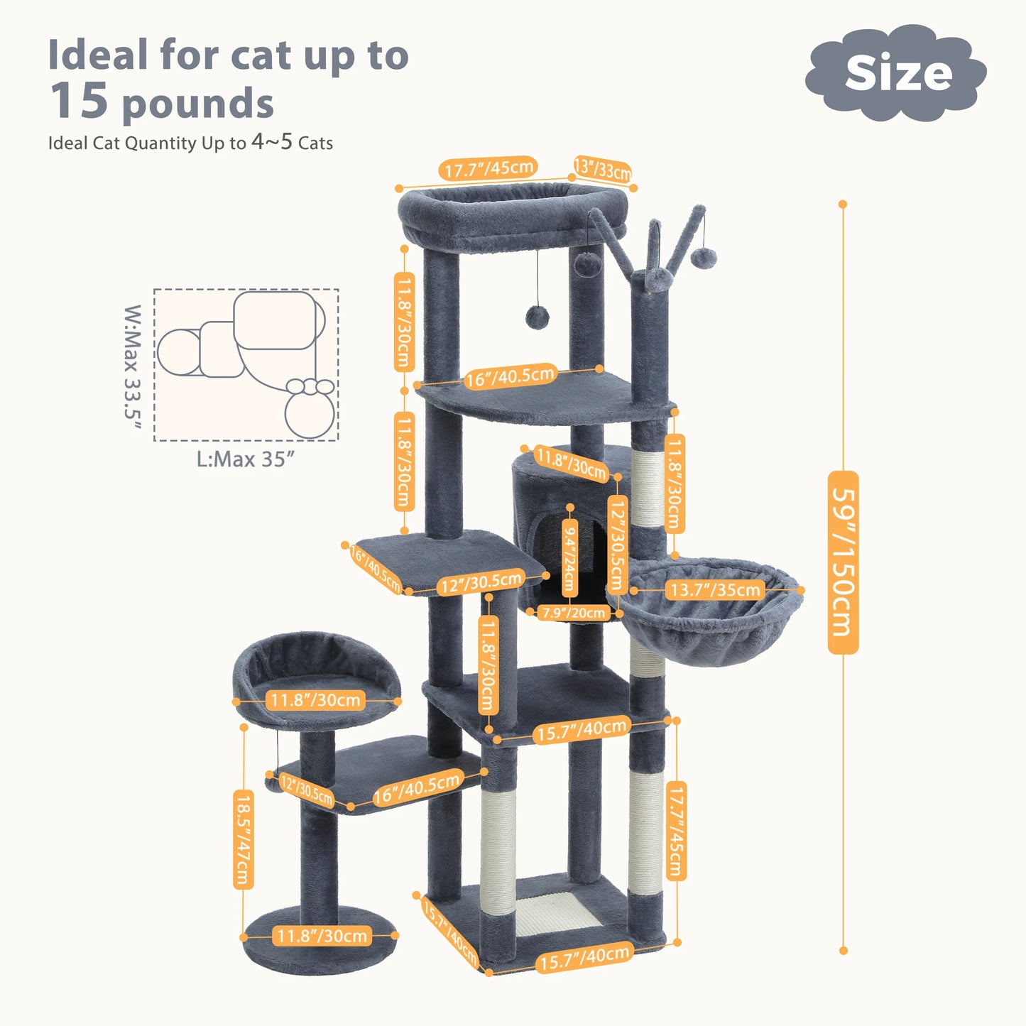 PEQULTI Multi-Level Cat Tree Tower With Scratching Posts Hammock