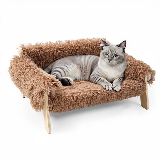 Raised Plush Cat Sofa Bed With Wooden Legs For Indoor Cats