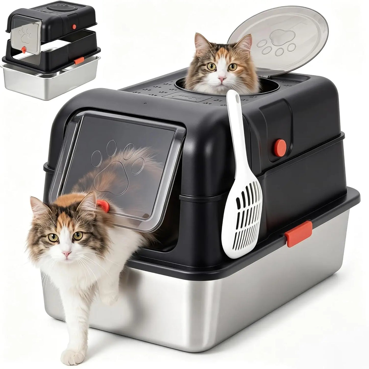 Enclosed Stainless Steel Litter Box With Lid Dog Proof XL Metal Litter Pan High Sided Anti Leak Front Entry Top Exit For Big Cats Includes Scoop For Multi Cat Home