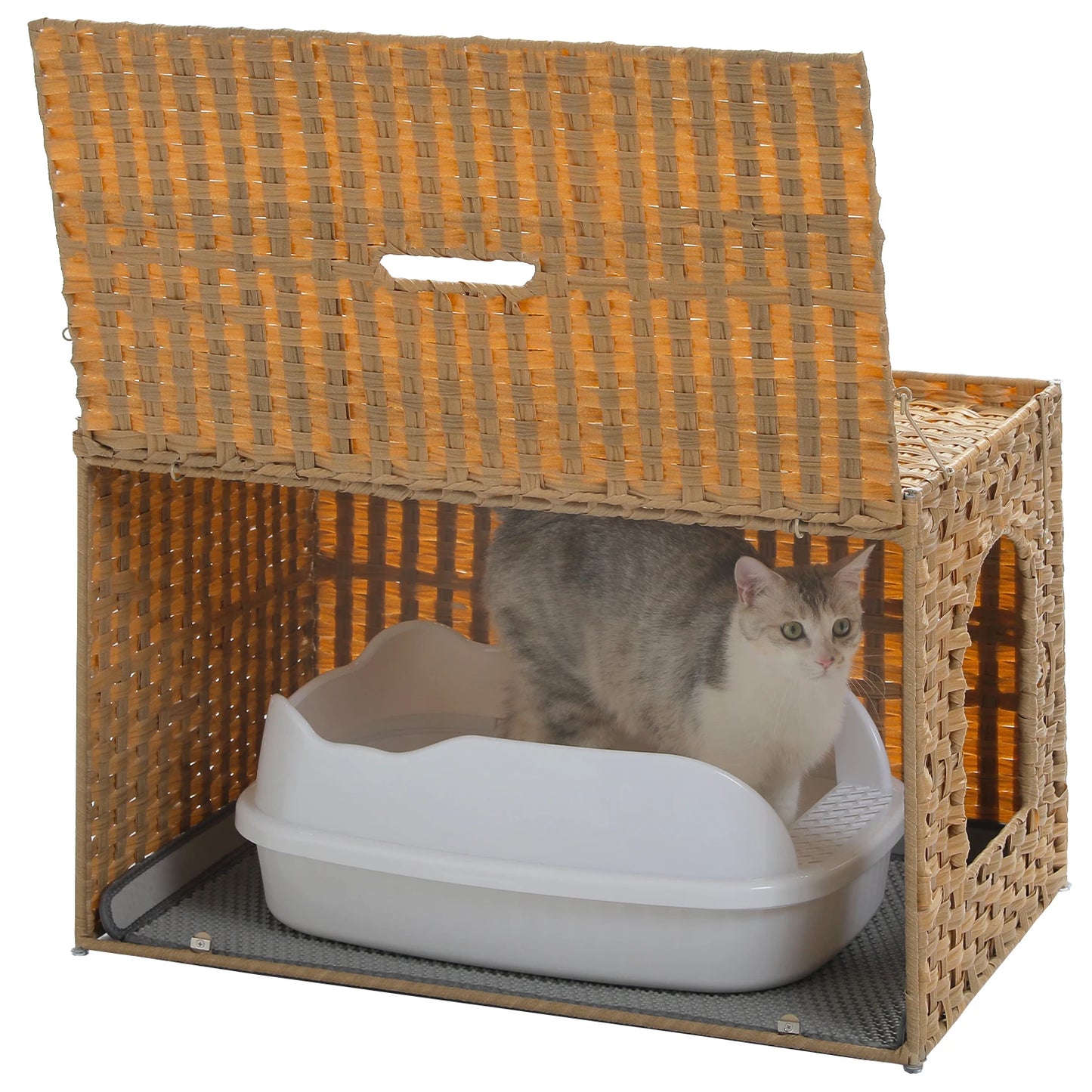PEQULTI Rattan Cat Litter Box Enclosure With Taller Doorway And Raised Edge Mat