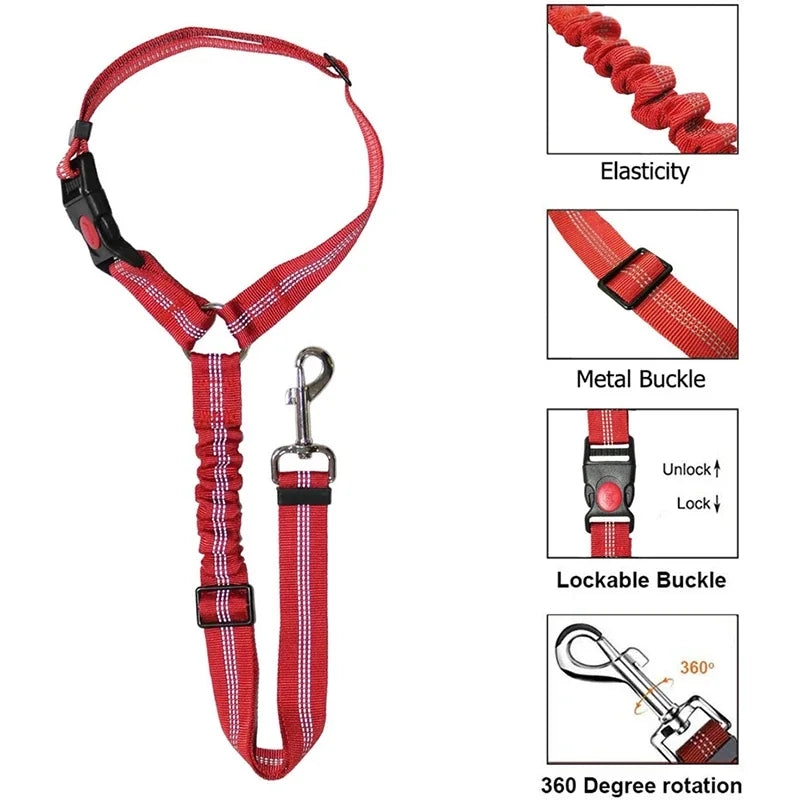 Two-In-One Pet Car Seat Belt Harness And Leash, Adjustable, Reflective