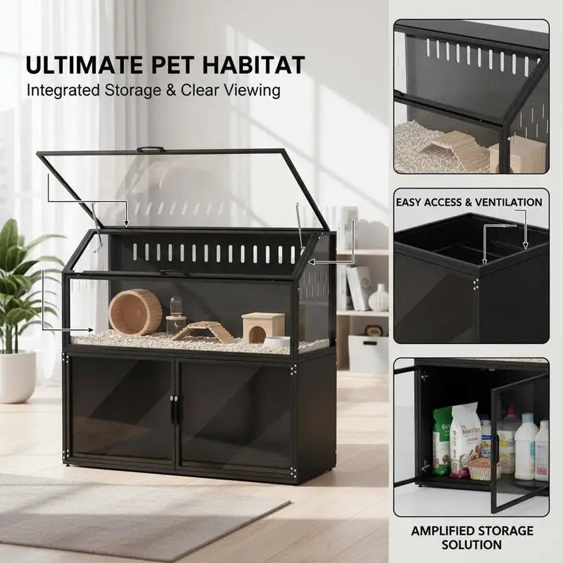 Hamster Cage With Storage Cabinet And Easy View Acrylic Panels Openable Top