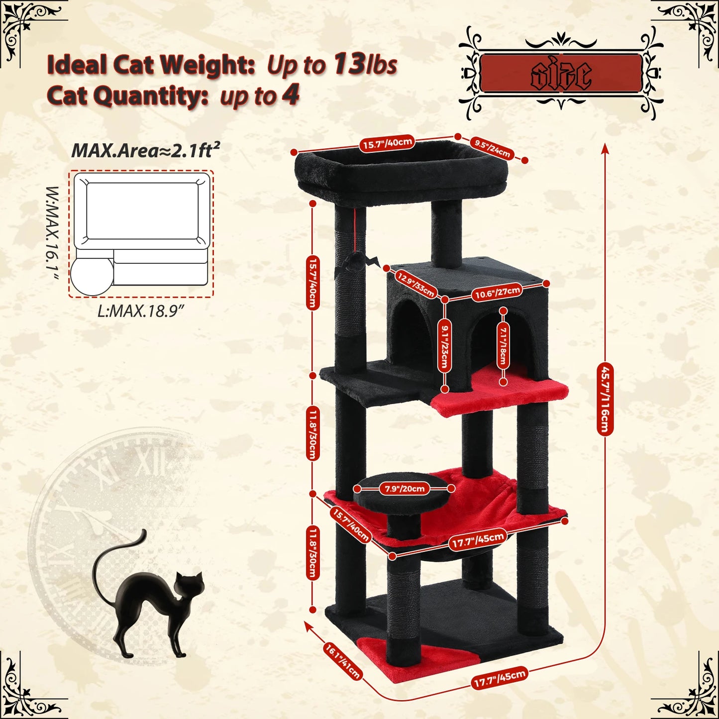 PAWZ Road Gothic Cat Tree Tall Indoor Tower With Hammock