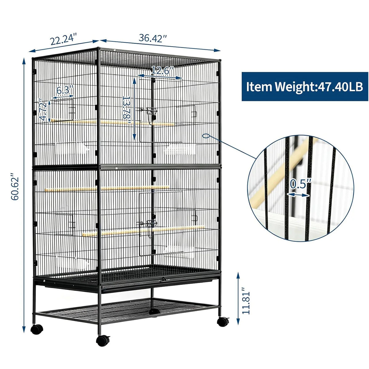 61" H Large Bird Cage with Rolling Storage Stands, Feed Bowls, Wide Tall Parakeet Cage for Parakeets, Parrot, Conures, Cockatiel