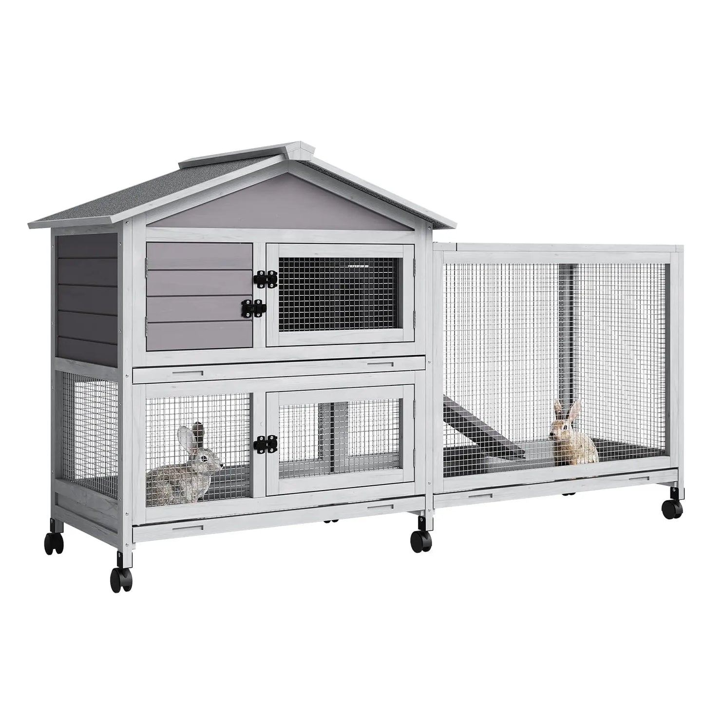 HiMISS Two Story Weatherproof Rabbit Hutch With Lockable Wheels Indoor Outdoor