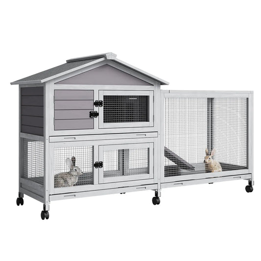 HiMISS Two Story Weatherproof Rabbit Hutch With Lockable Wheels Indoor Outdoor