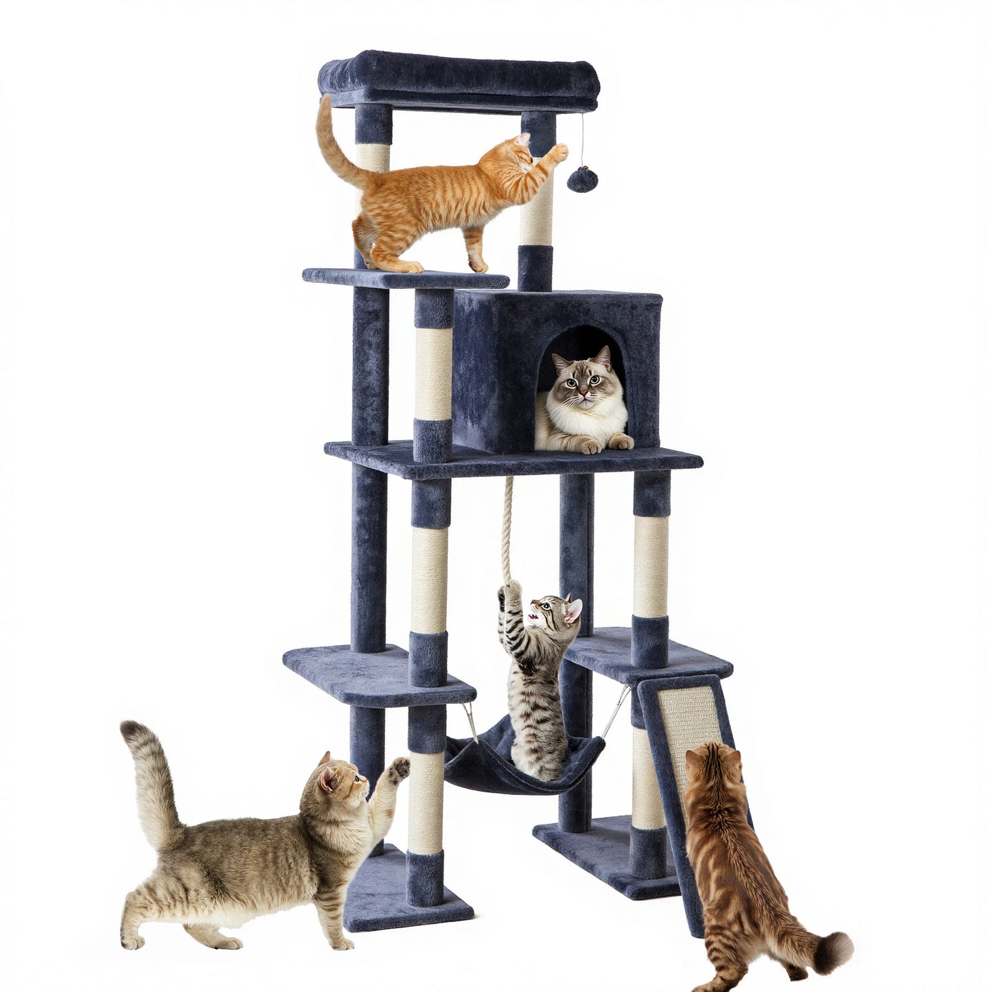 JHK 63In Cat Tree Tall Multi-Cat Climbing Tower for Pet Furniture Natural Sisal Scratching Posts Stable Pet House for Indoor Cat