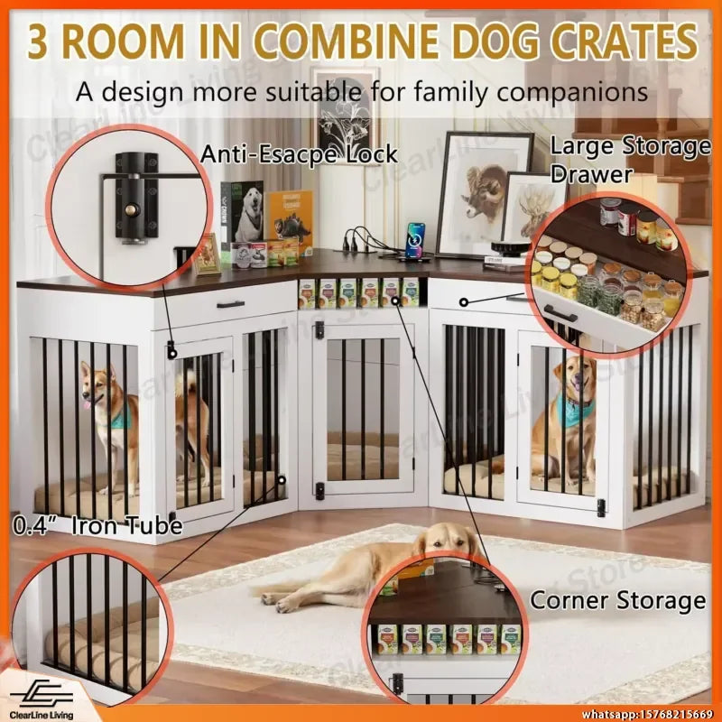 Wooden Dog Crate Furniture for Three Dogs Heavy Duty Double Kennel