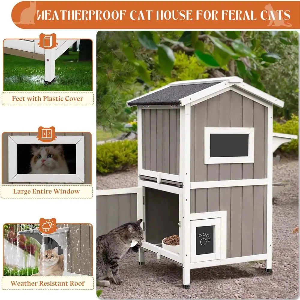 Outdoor Weatherproof Cat House 2 Story Wooden Shelter For Cats