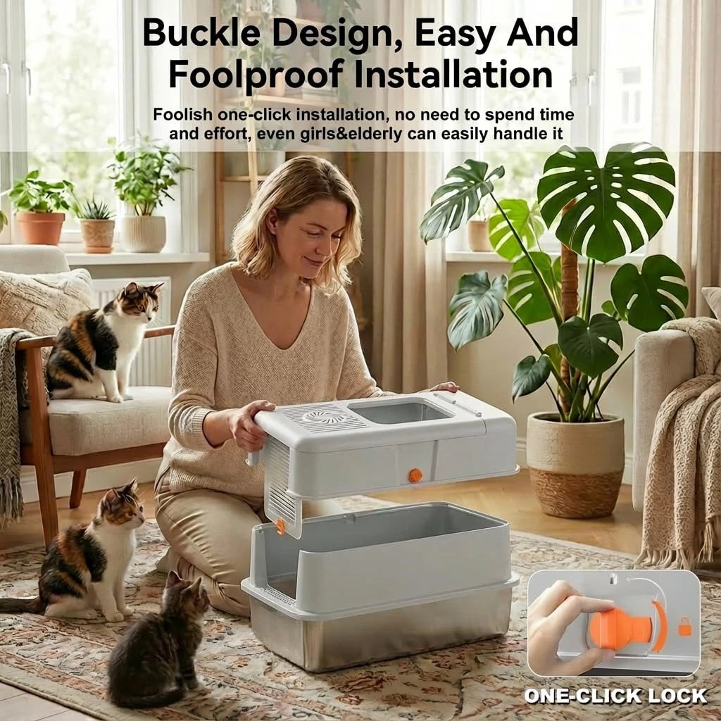 Stainless Steel Cat Litter Box With Enclosed Odor Control Flip Top Lid