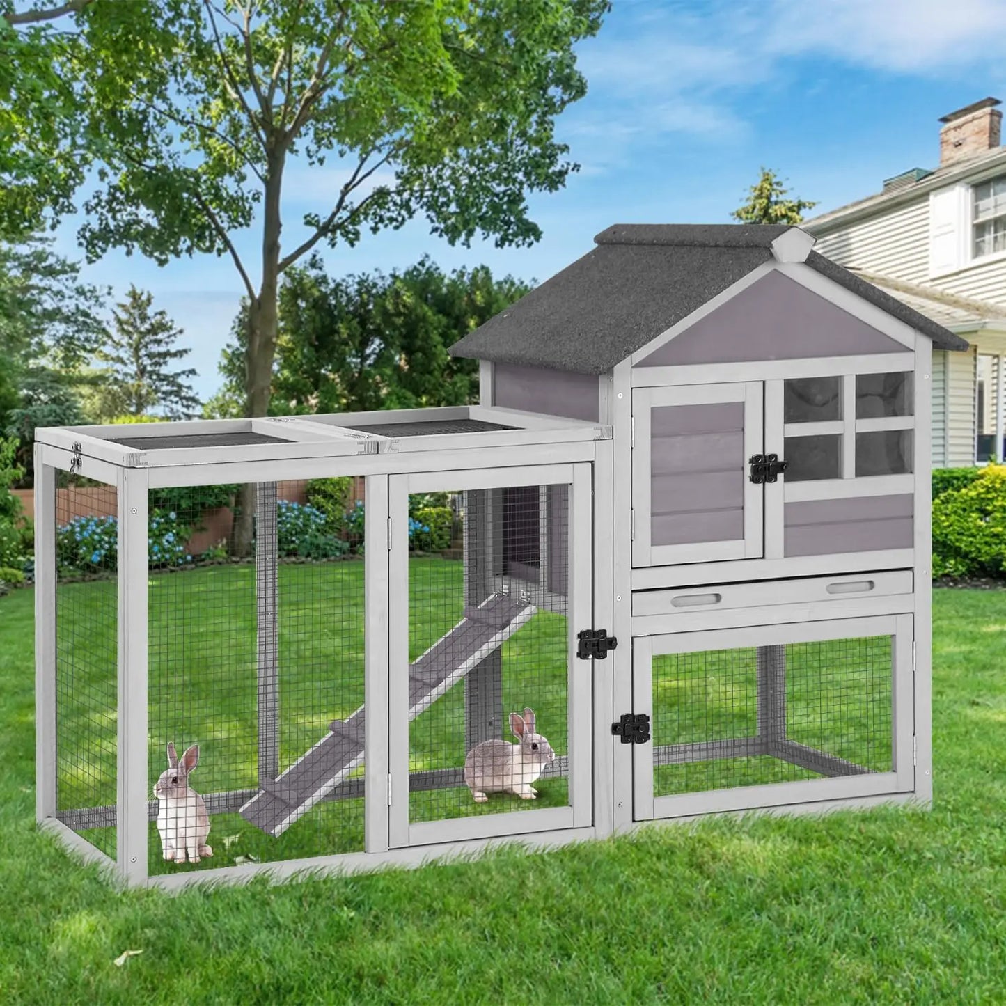 Two Story Rabbit Hutch With Chewproof Full Metal Frame And Locking Casters