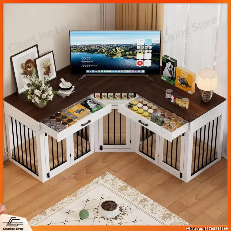 Wooden Dog Crate Furniture for Three Dogs Heavy Duty Double Kennel