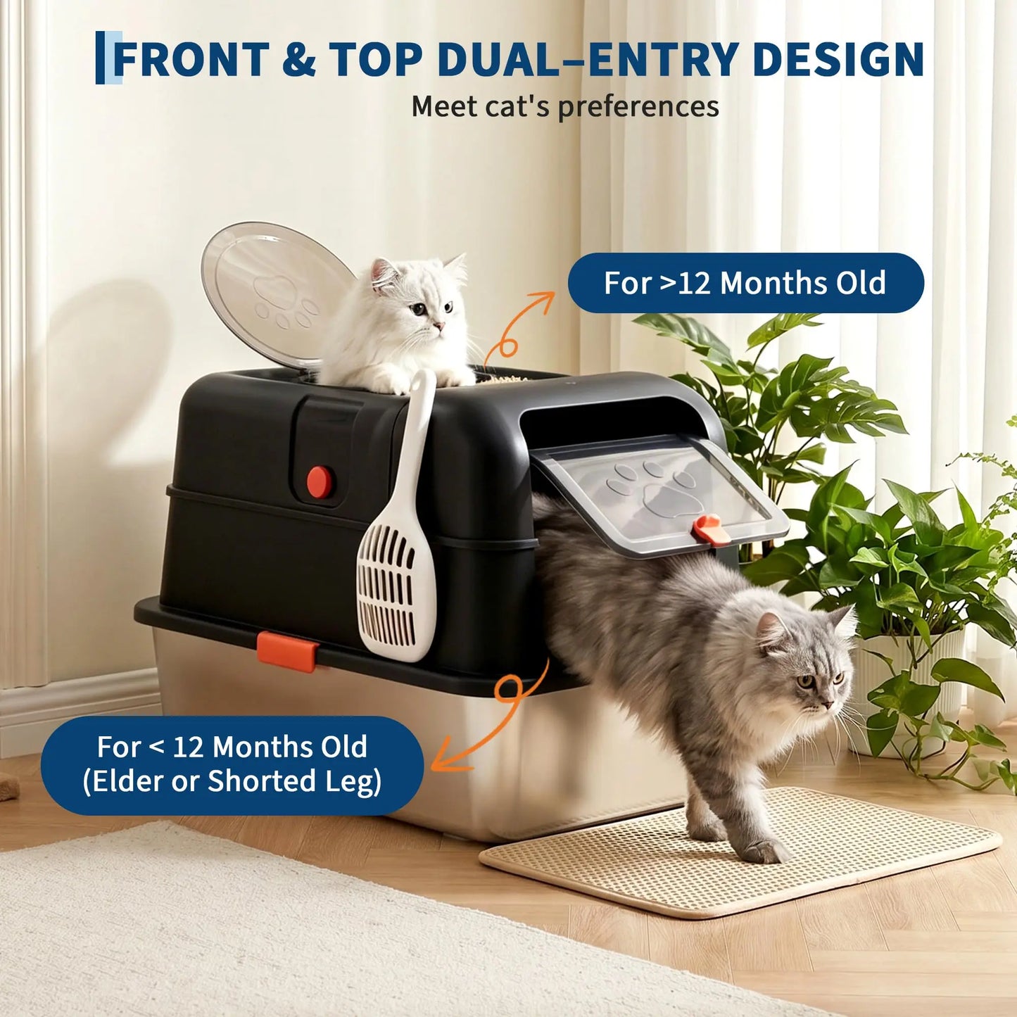 Enclosed Stainless Steel Litter Box With Lid Dog Proof XL Metal Litter Pan High Sided Anti Leak Front Entry Top Exit For Big Cats Includes Scoop For Multi Cat Home
