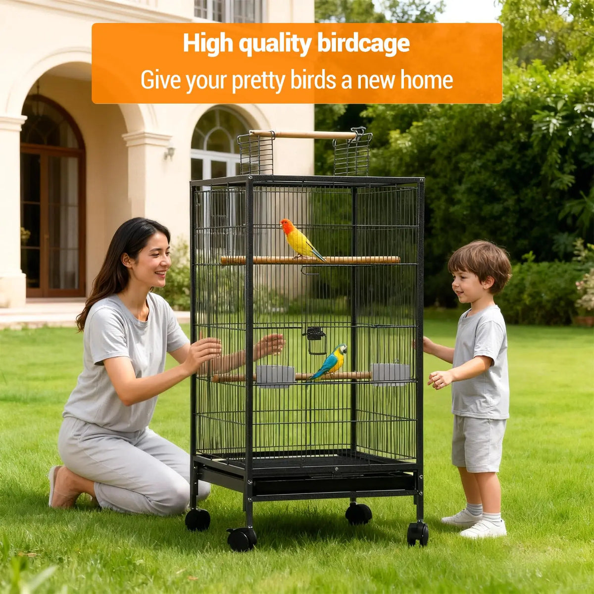 Small Bird Cage with Wheels,Parakeet Cage with Top Stand, 3 in 1 Bird Carrier for Parakeets, Canaries, Lovebirds, Small Quaker,