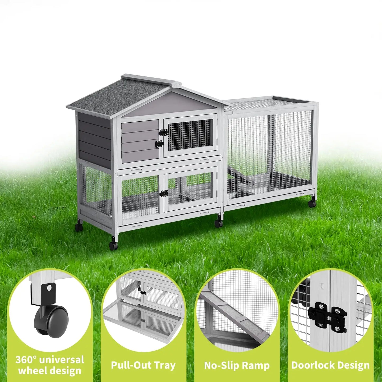 HiMISS Two Story Weatherproof Rabbit Hutch With Lockable Wheels Indoor Outdoor