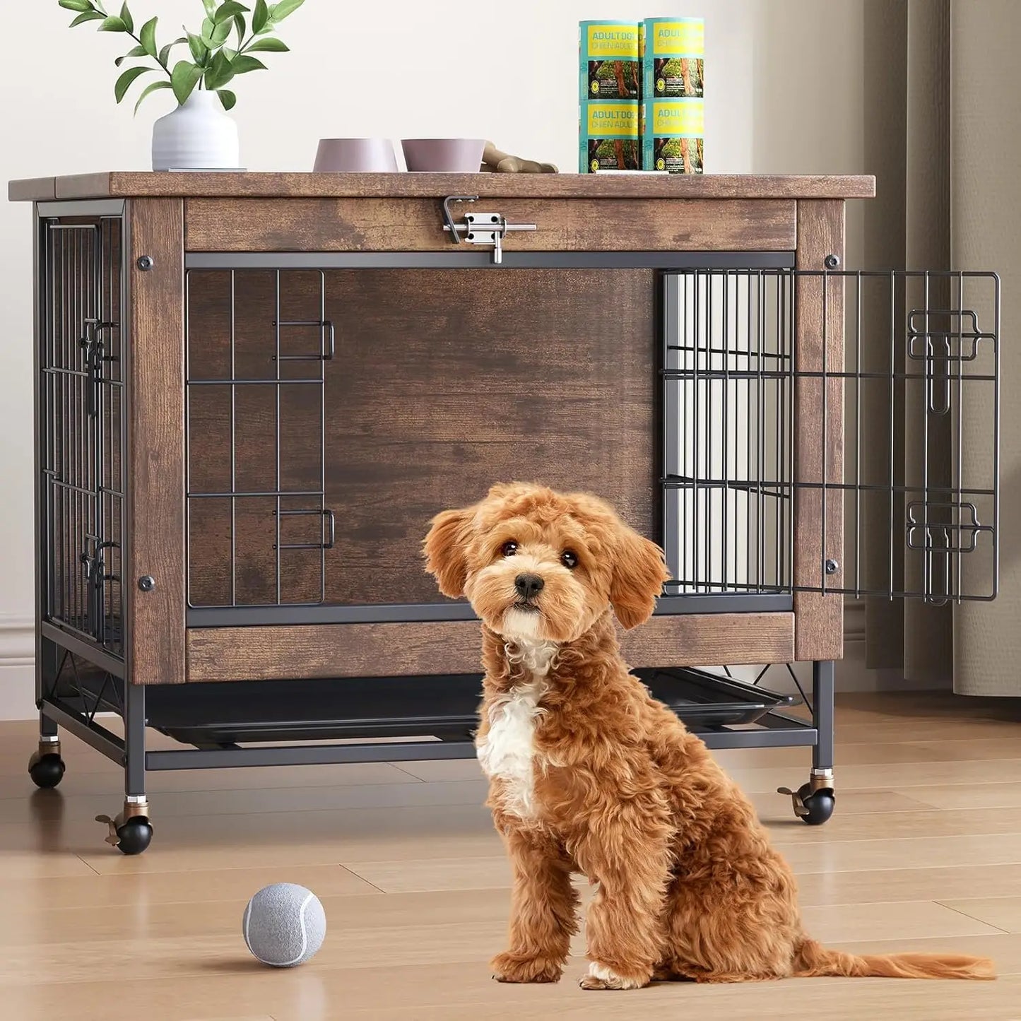 HiMISS Rustic Dog Crate Furniture With Wheels Indoor AntiChew Kennel