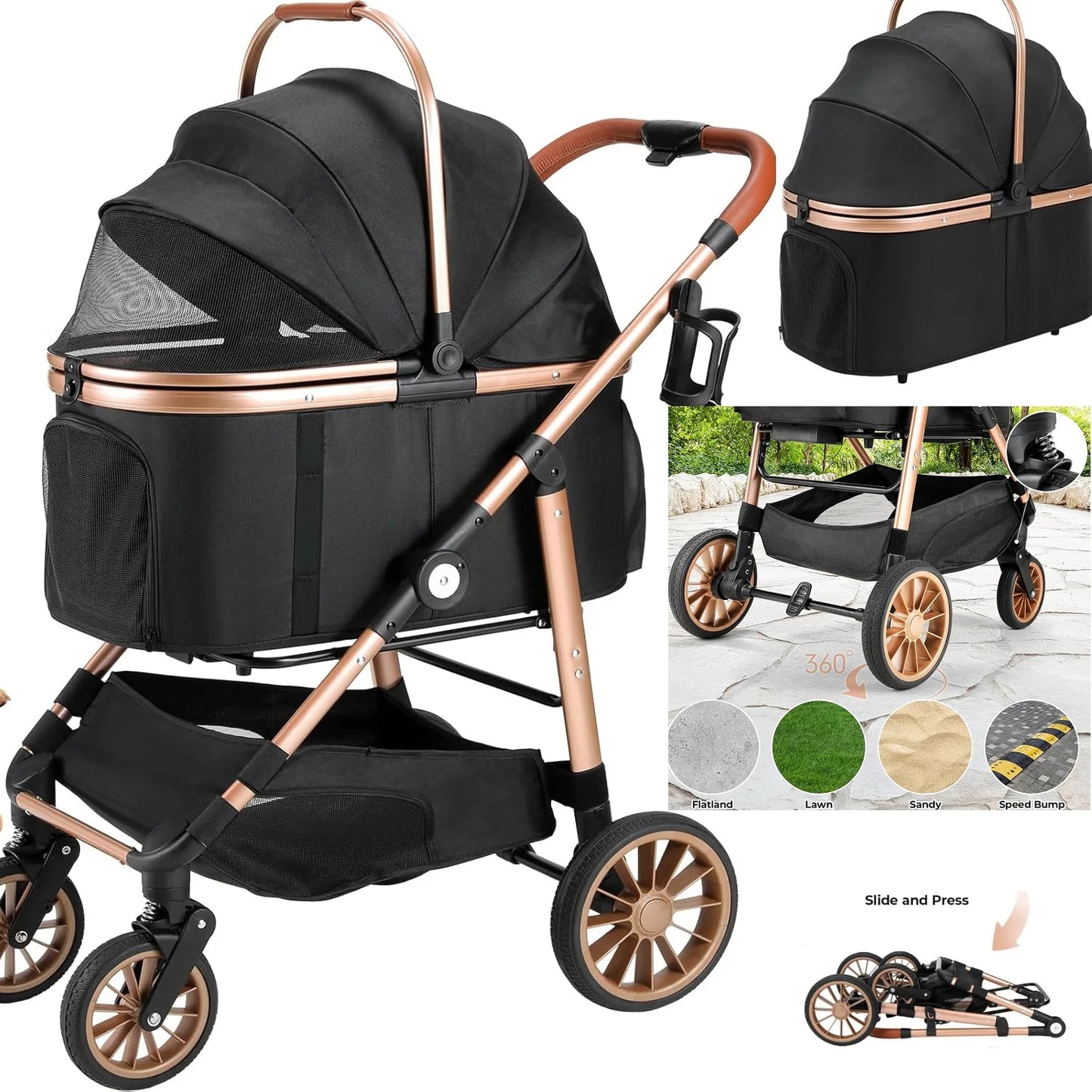 360 Degree Wheels Stroller 2in1 Foldable for Cats and Dogs