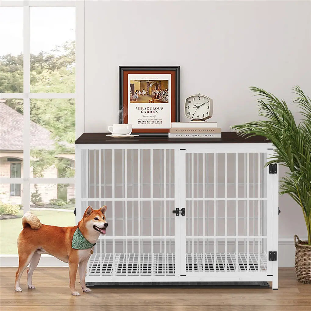 BINGOPAW Heavy Duty Dog Kennel End Table Metal Wood Cage Removable Tray
