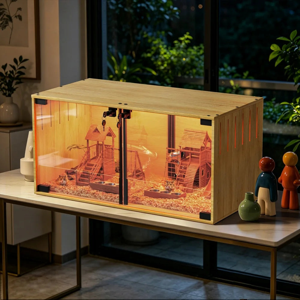 Wooden Hamster Cage With Dual Doors And Removable Divider Chew Proof