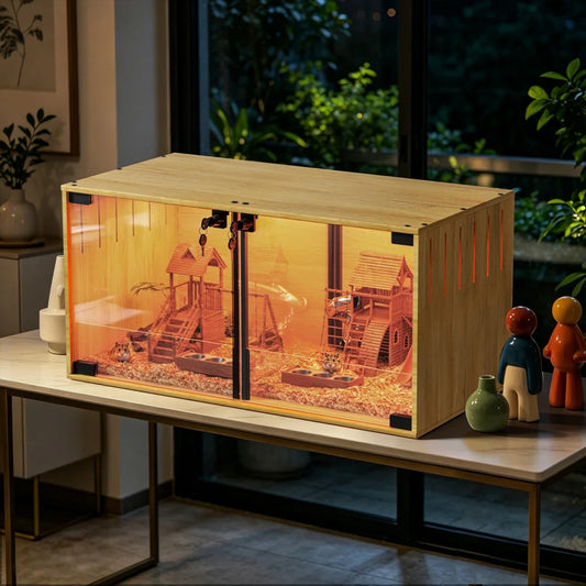 Wooden Hamster Cage With Dual Doors And Removable Divider Chew Proof