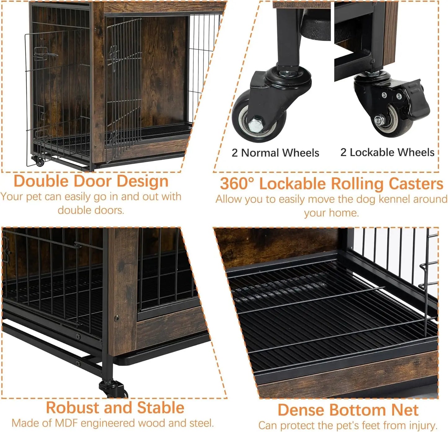 HiMISS Rustic Dog Crate Furniture With Wheels Indoor AntiChew Kennel