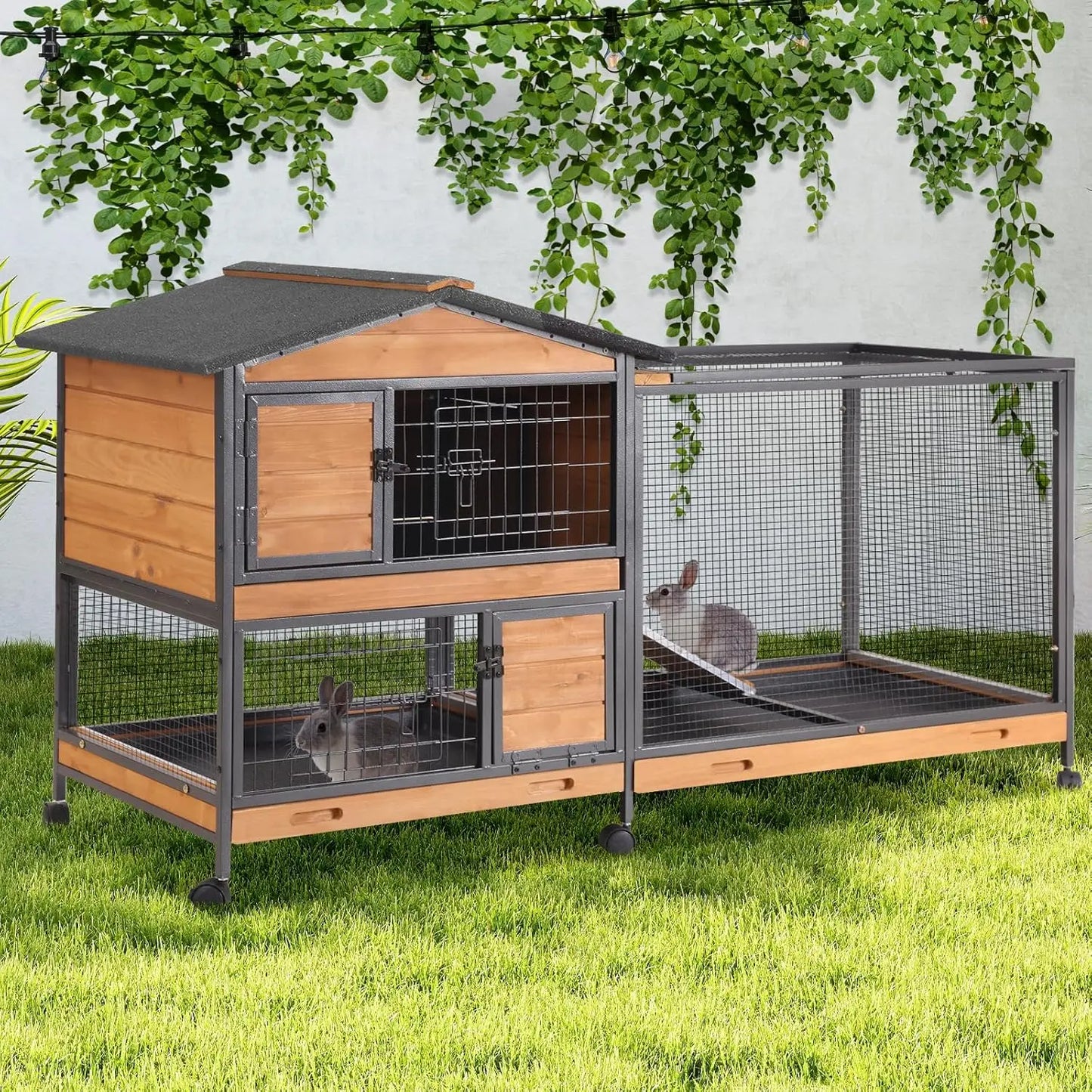 Two Story Rabbit Hutch With Chewproof Full Metal Frame And Locking Casters