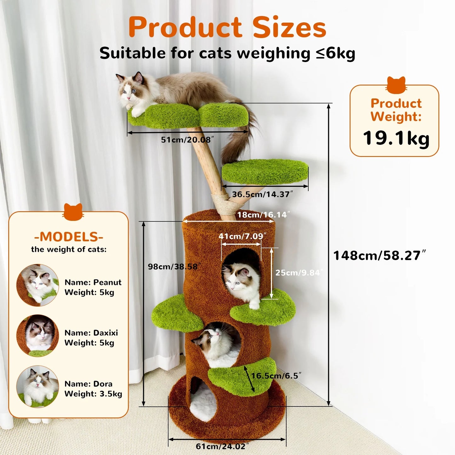 148CM Tall Indoor Cat Tree Activity Tower Center Multi-Level Cat Climbing Tree Sisal Scratching Post Plush Cave