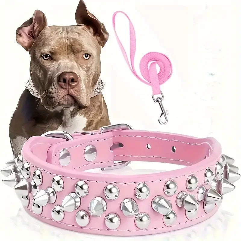 Leather Spiked Dog Collar And Leash Set Rivet Adjustable