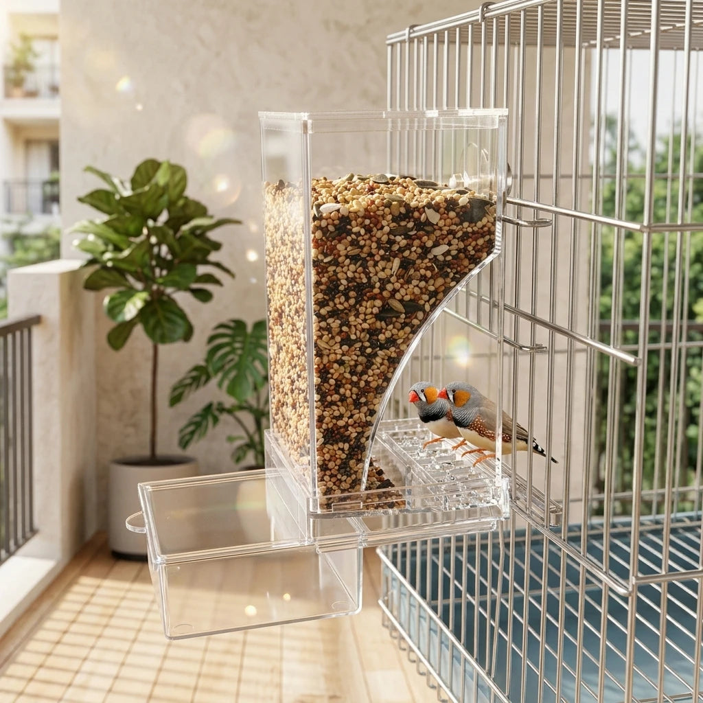 No Mess Automatic Bird Feeder Clear Acrylic Seed Dispenser Spill-Proof Parrot Feeder Cage Accessories for Budgies Parakeet Cockatiel Finch