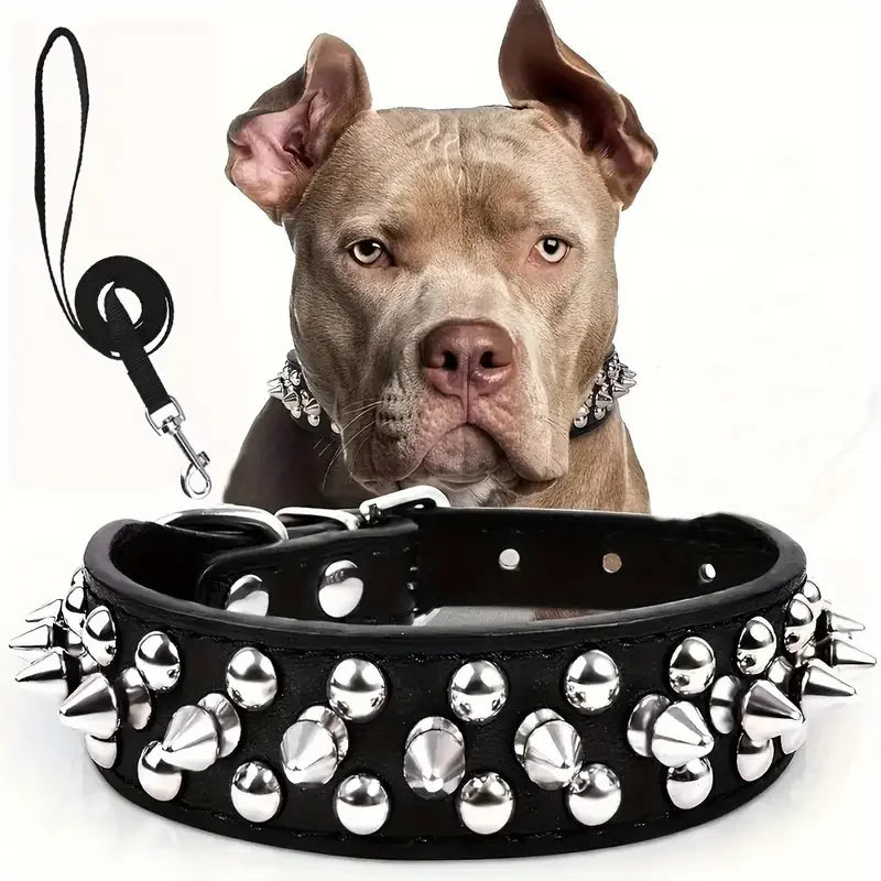 Leather Spiked Dog Collar And Leash Set Rivet Adjustable