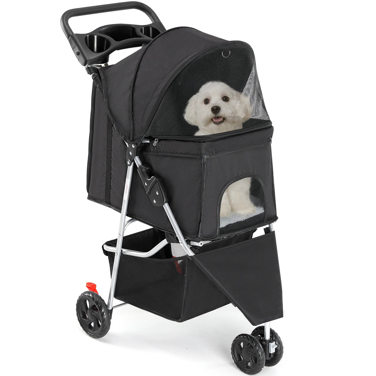Lightweight Foldable Pet Stroller With Mesh Ventilation And Storage Basket