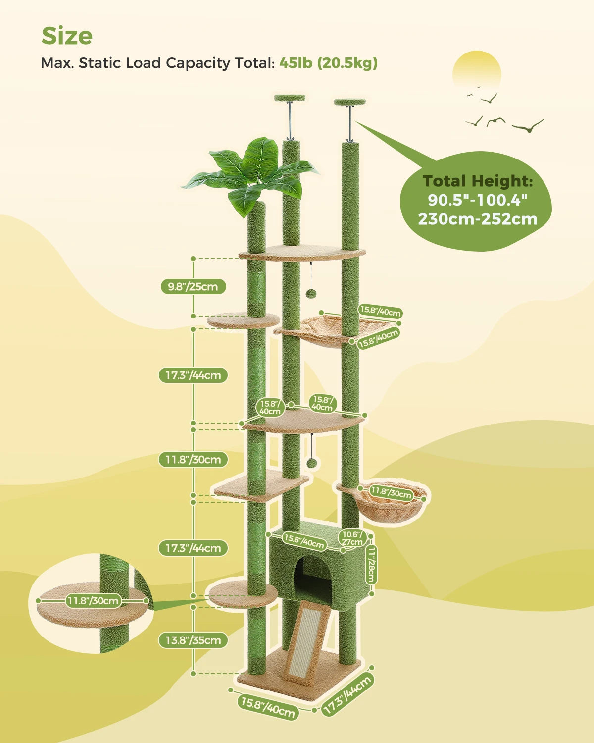 PEQULTI Cactus Cat Tree Floor To Ceiling Tower With Sisal Scratching Post