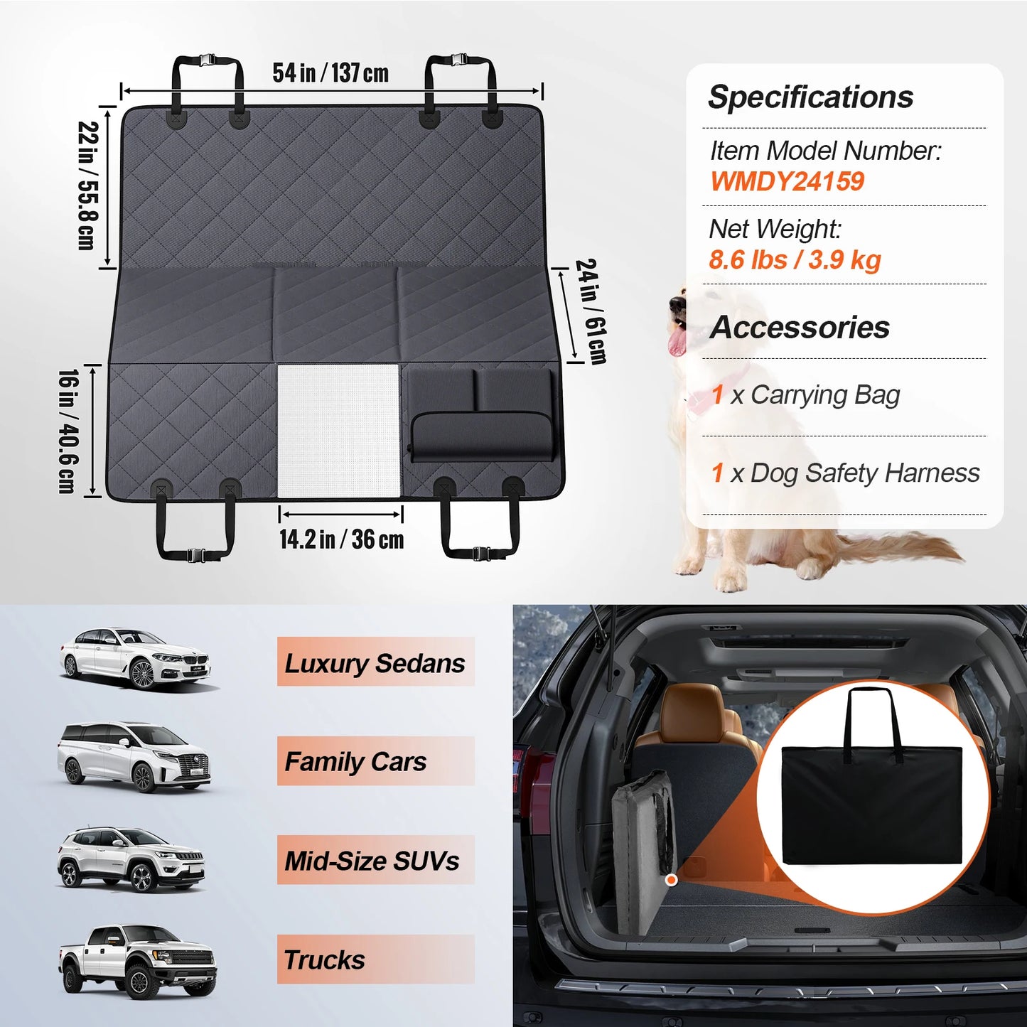 SucceBuy Back Seat Extender For Dogs Waterproof Car Hammock