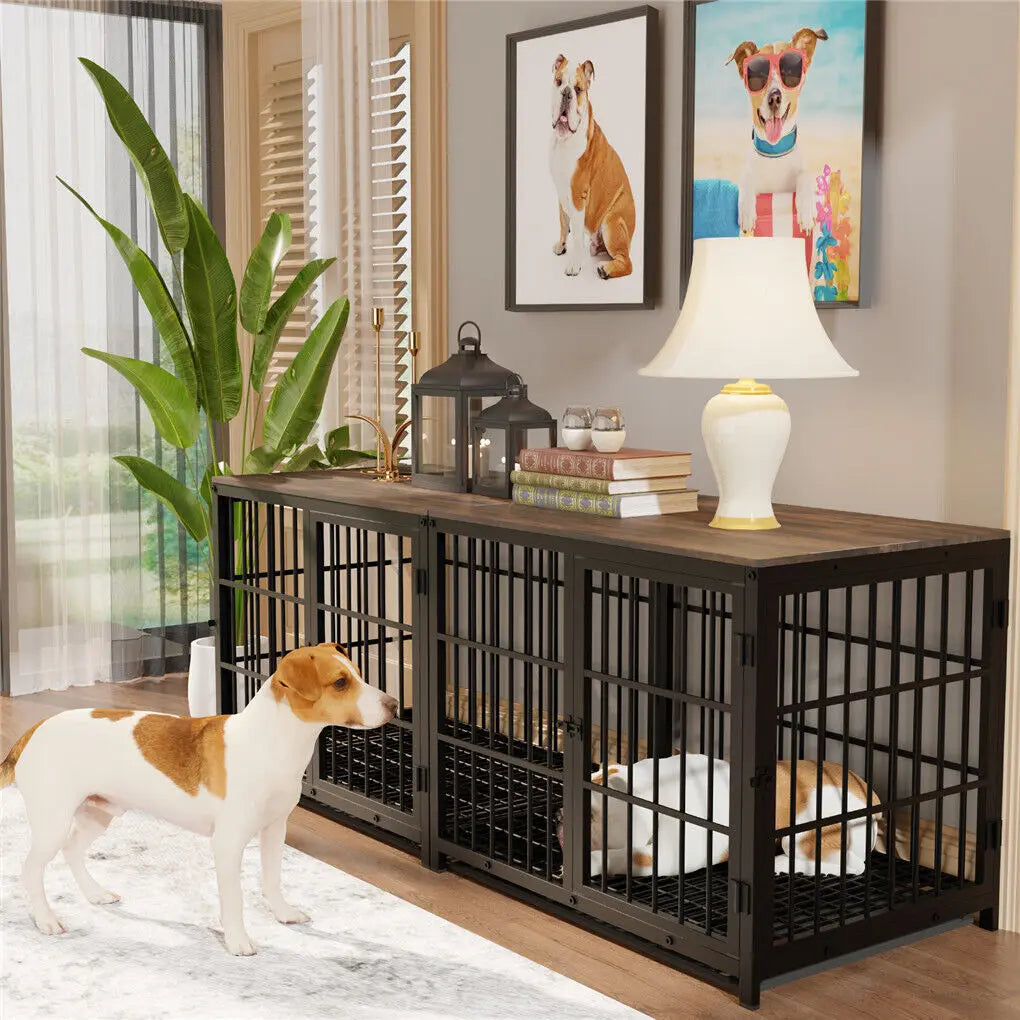 BINGOPAW Heavy Duty Dog Kennel End Table Metal Wood Cage Removable Tray
