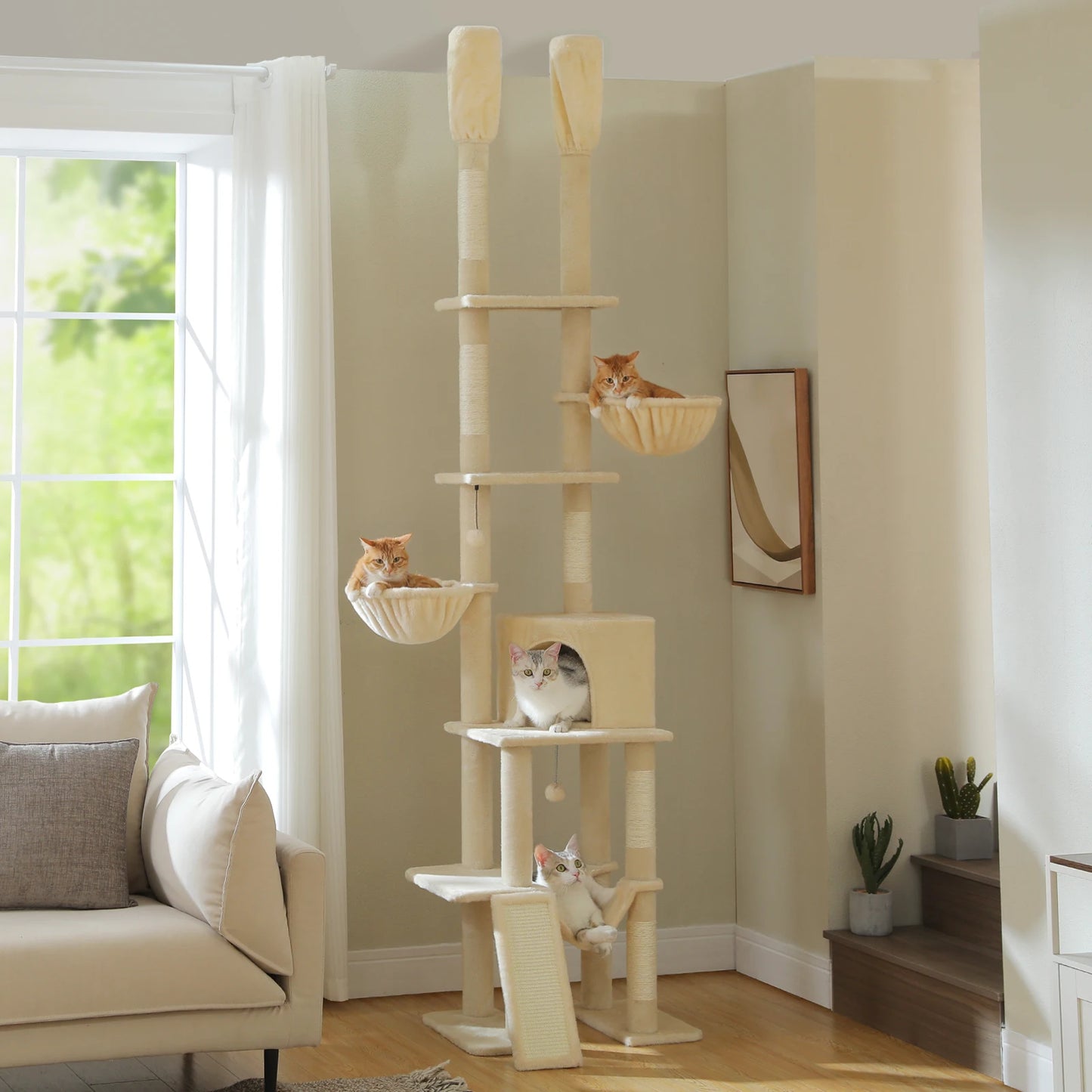 Cactus Cat Tree Floor to Ceiling Cat Tower 7 Tiers Cat Climbing Tree with Cozy Hammocks and Condos 5 Platforms Scratching Posts