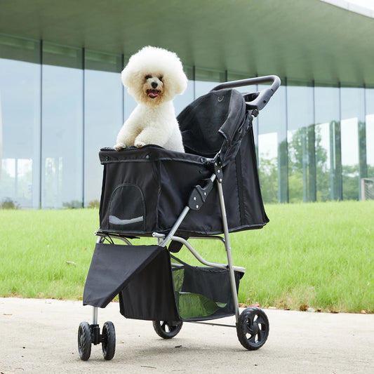 Lightweight Foldable Pet Stroller With Mesh Ventilation And Storage Basket
