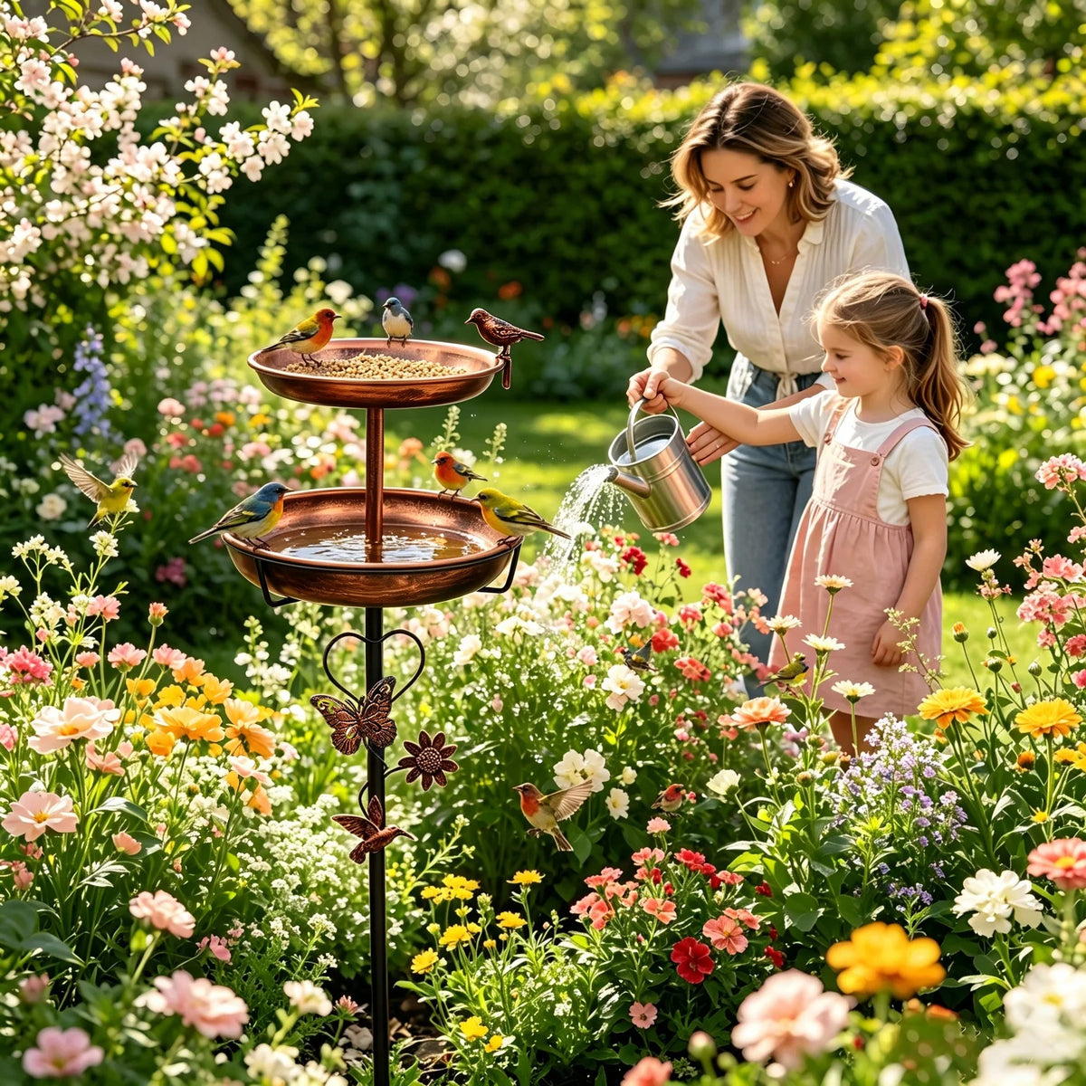 118cm Double Layer Bird Bath Stand for Outside Metal Birdbaths Feeder Bowls with 5-Pronged Base for Garden Patio Yard Lawn Decor