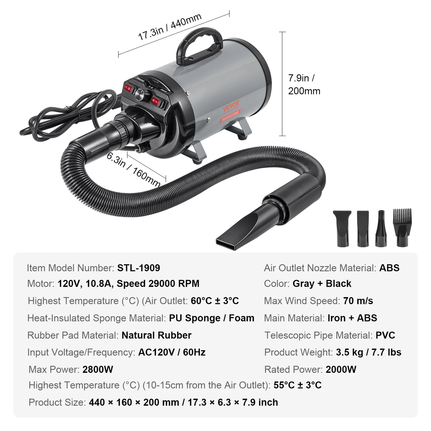 SucceBuy 2000W Dog Blow Dryer With Adjustable Speed Nozzle