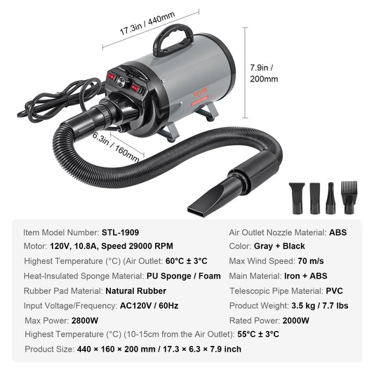 SucceBuy 2000W Dog Blow Dryer With Adjustable Speed Nozzle