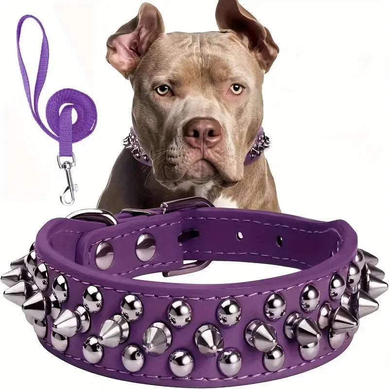 Leather Spiked Dog Collar And Leash Set Rivet Adjustable