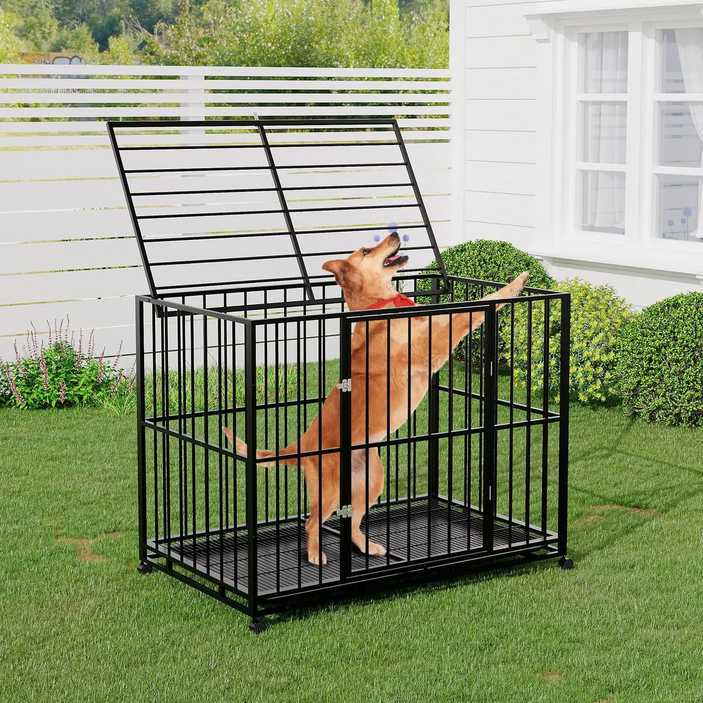HiMISS Indestructible Heavy Duty Stainless Steel Dog Crate With Wheels