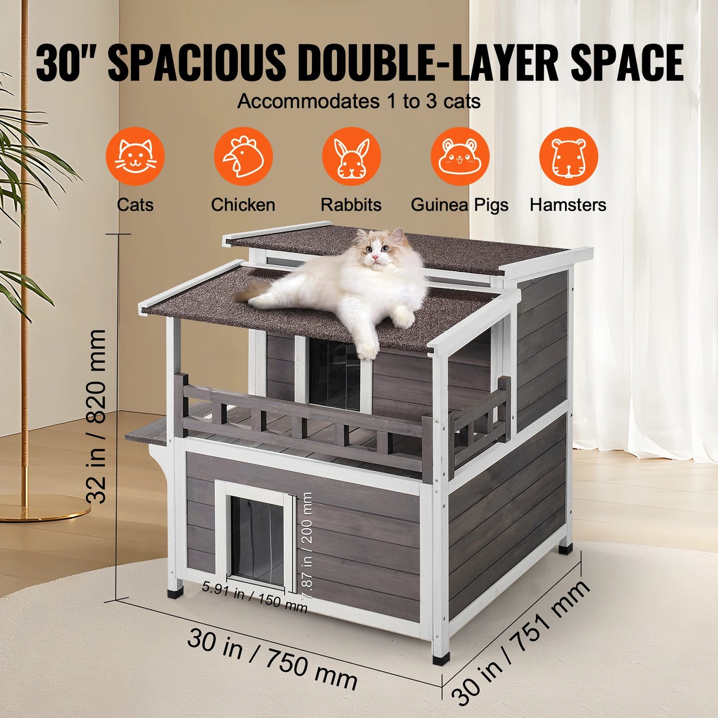 SucceBuy Outdoor Cat House Weatherproof 2 Story Wooden Shelter With Balcony Door